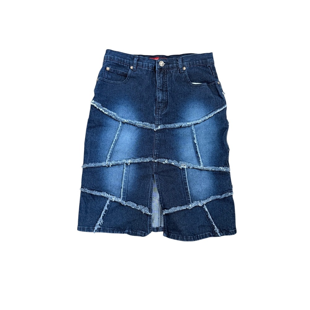 Younique Jeans Womens Size 9 Patchwork Raw Edge Denim Midi Skirt Dark Wash Blue